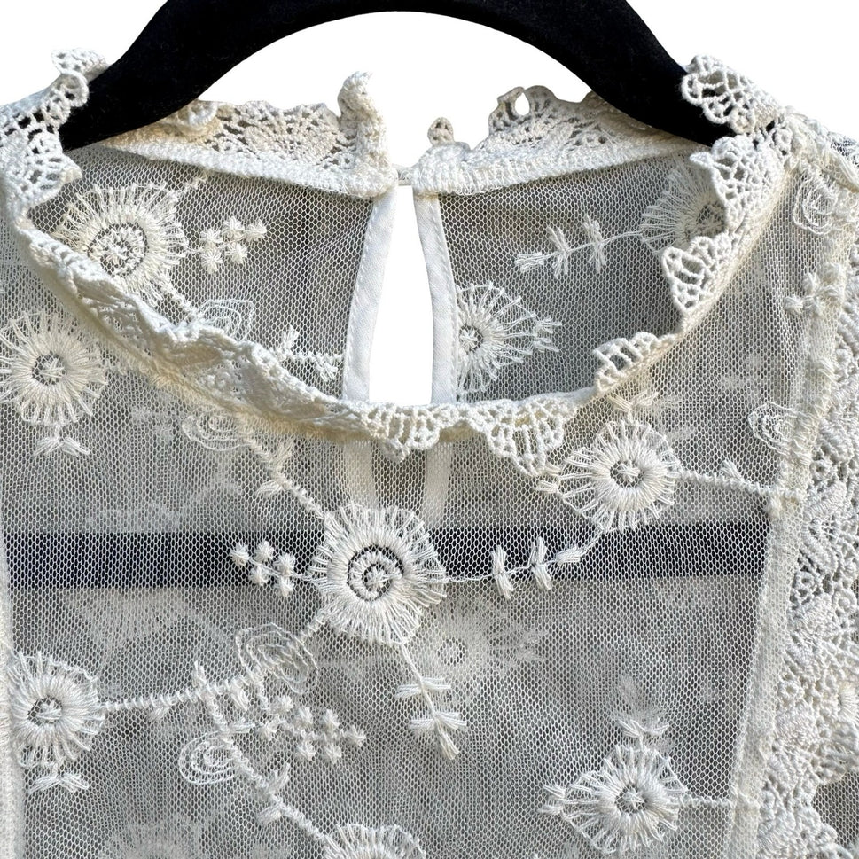 Forever 21 Coquette Sheer Floral Lace Mesh Victorian Dainty Boho Bridal Blouse S