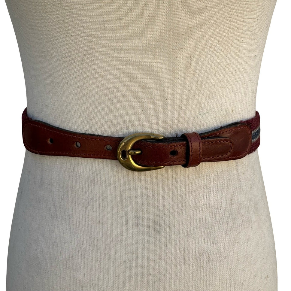 Lejon Vintage 6338 Burgundy Striped Surcingle Belt Leather Brass Size 26 Womens