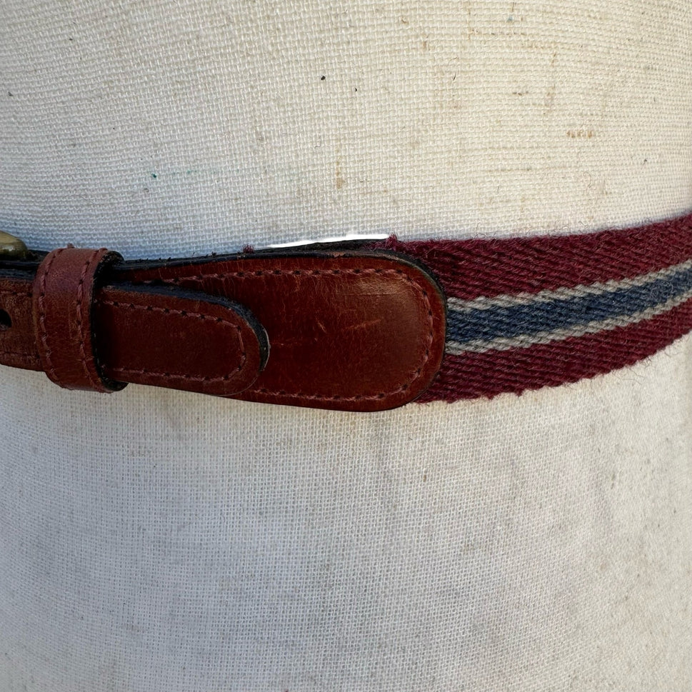 Lejon Vintage 6338 Burgundy Striped Surcingle Belt Leather Brass Size 26 Womens