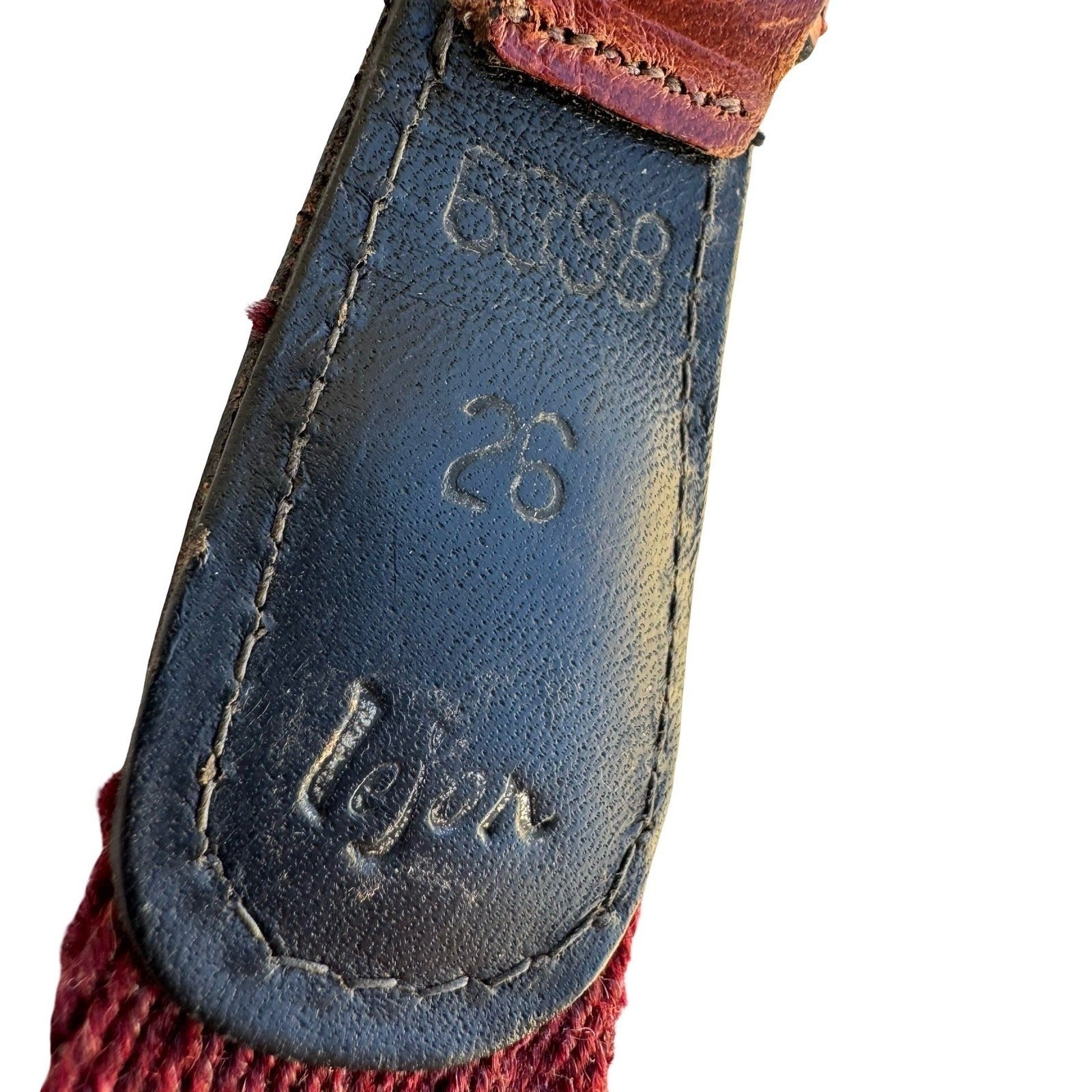 Lejon Vintage 6338 Burgundy Striped Surcingle Belt Leather Brass Size 26 Womens