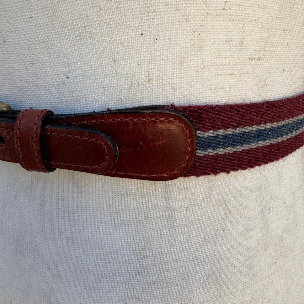 Lejon Vintage 6338 Burgundy Striped Surcingle Belt Leather Brass Size 26 Womens