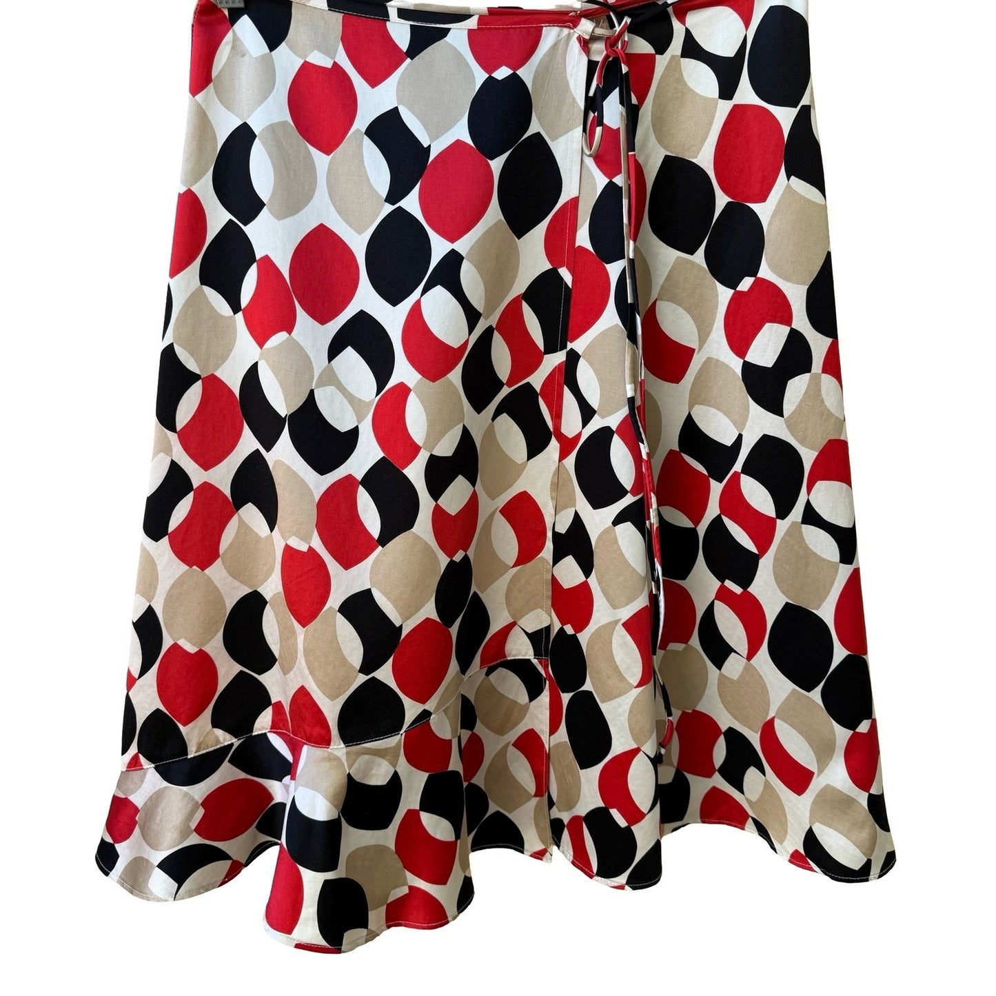 Mod Retro Parisian Designer Geometric Leaf Print Silk Wrap Midi Skirt Ruffle