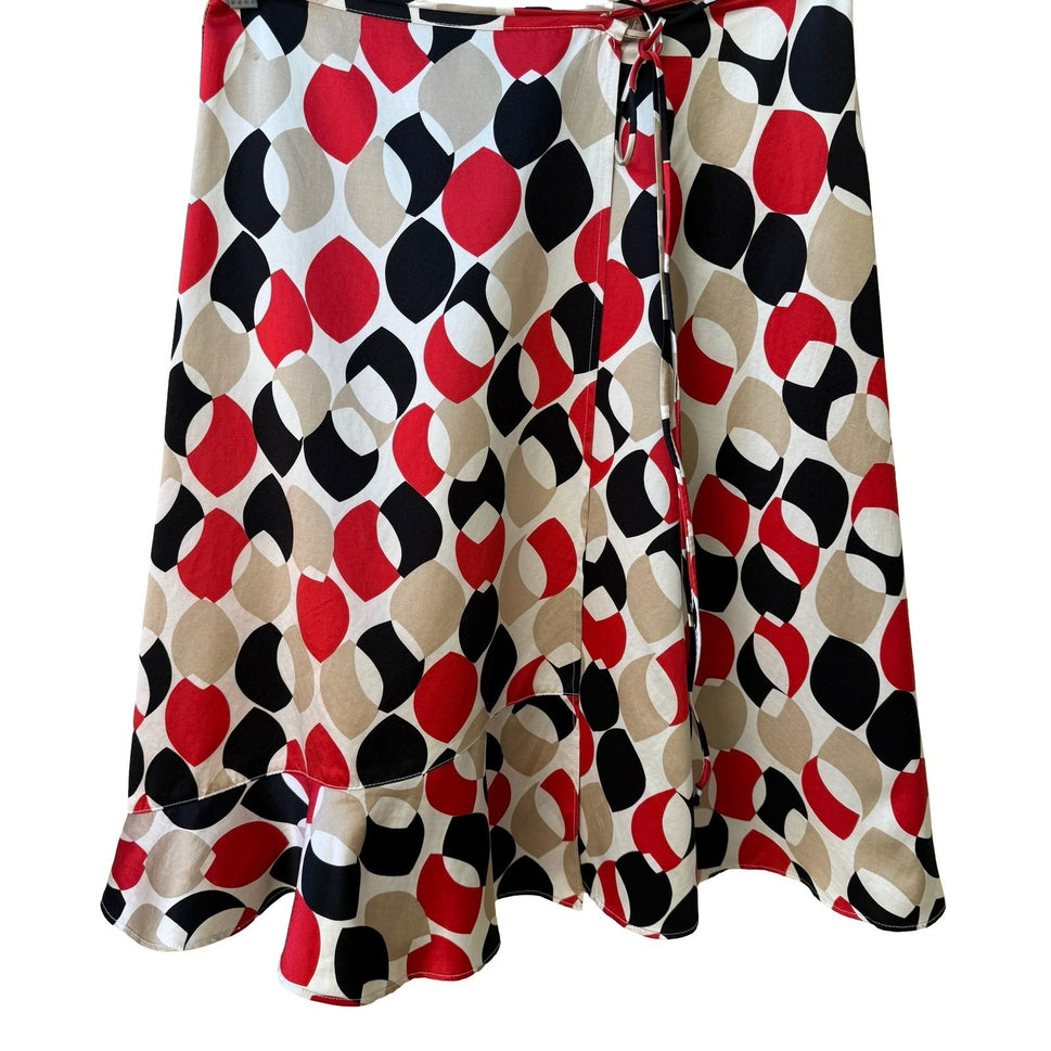 Mod Retro Parisian Designer Geometric Leaf Print Silk Wrap Midi Skirt Ruffle