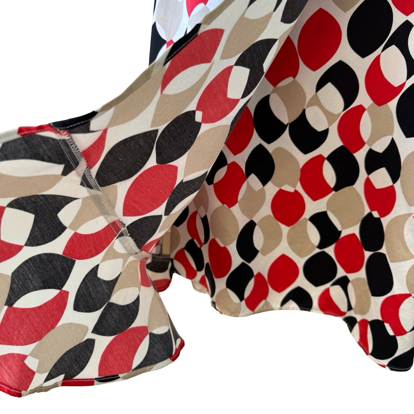 Mod Retro Parisian Designer Geometric Leaf Print Silk Wrap Midi Skirt Ruffle