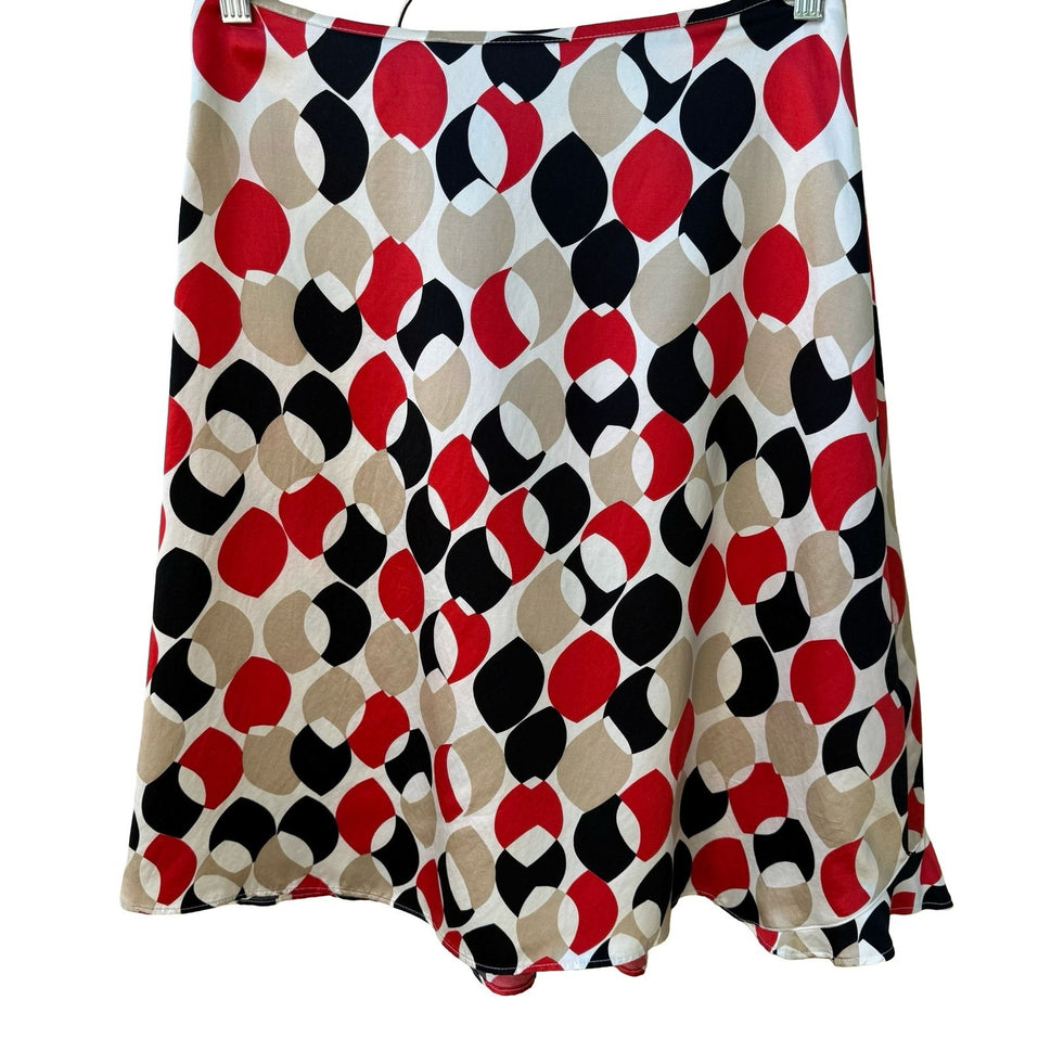 Mod Retro Parisian Designer Geometric Leaf Print Silk Wrap Midi Skirt Ruffle
