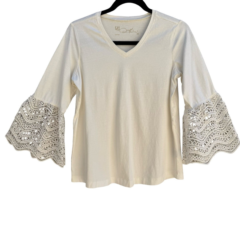 Diane Gilman Boho Coastal Peasant Top Crochet Bell Sleeve Ivory Cotton Women XS