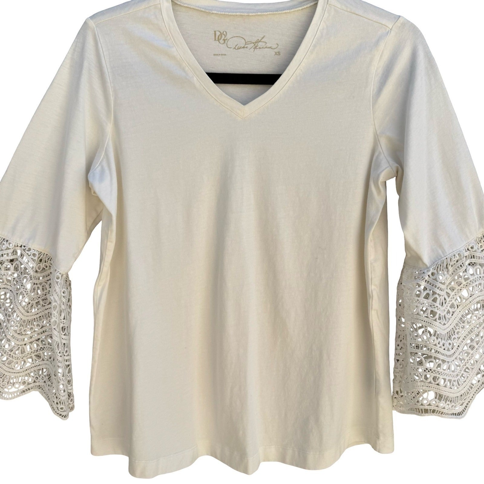 Diane Gilman Boho Coastal Peasant Top Crochet Bell Sleeve Ivory Cotton Women XS