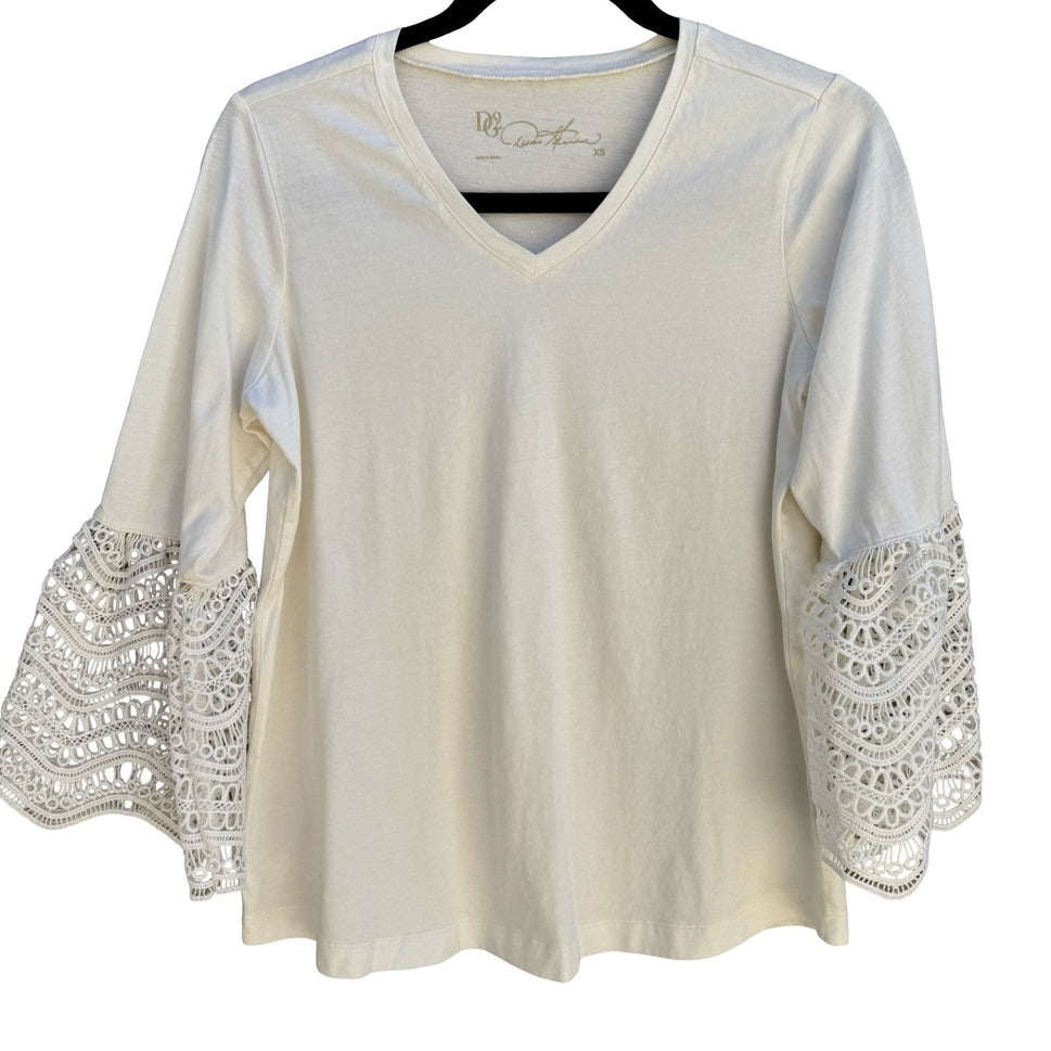 Diane Gilman Boho Coastal Peasant Top Crochet Bell Sleeve Ivory Cotton Women XS