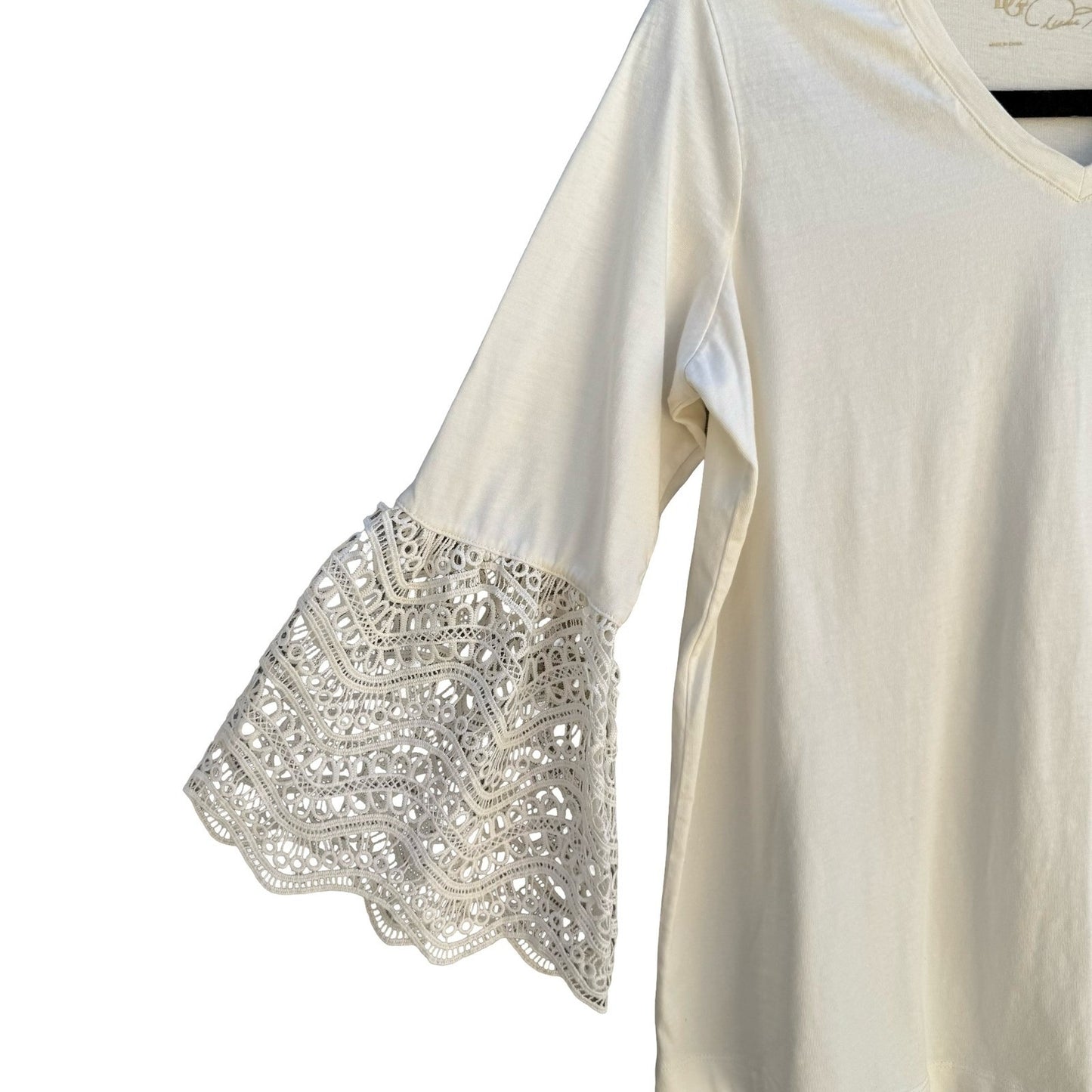 Diane Gilman Boho Coastal Peasant Top Crochet Bell Sleeve Ivory Cotton Women XS