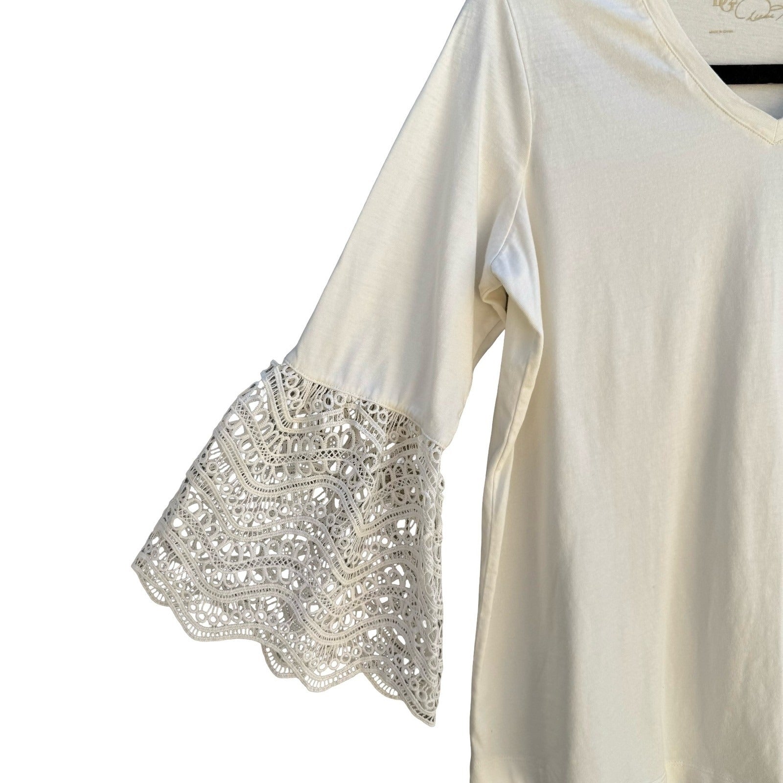 Diane Gilman Boho Coastal Peasant Top Crochet Bell Sleeve Ivory Cotton Women XS