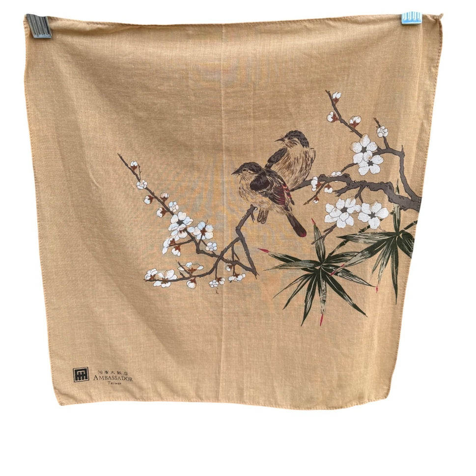 Ambassador Hotel Taiwan Vintage Bird Cherry Blossom Tan Handkerchief Scarf