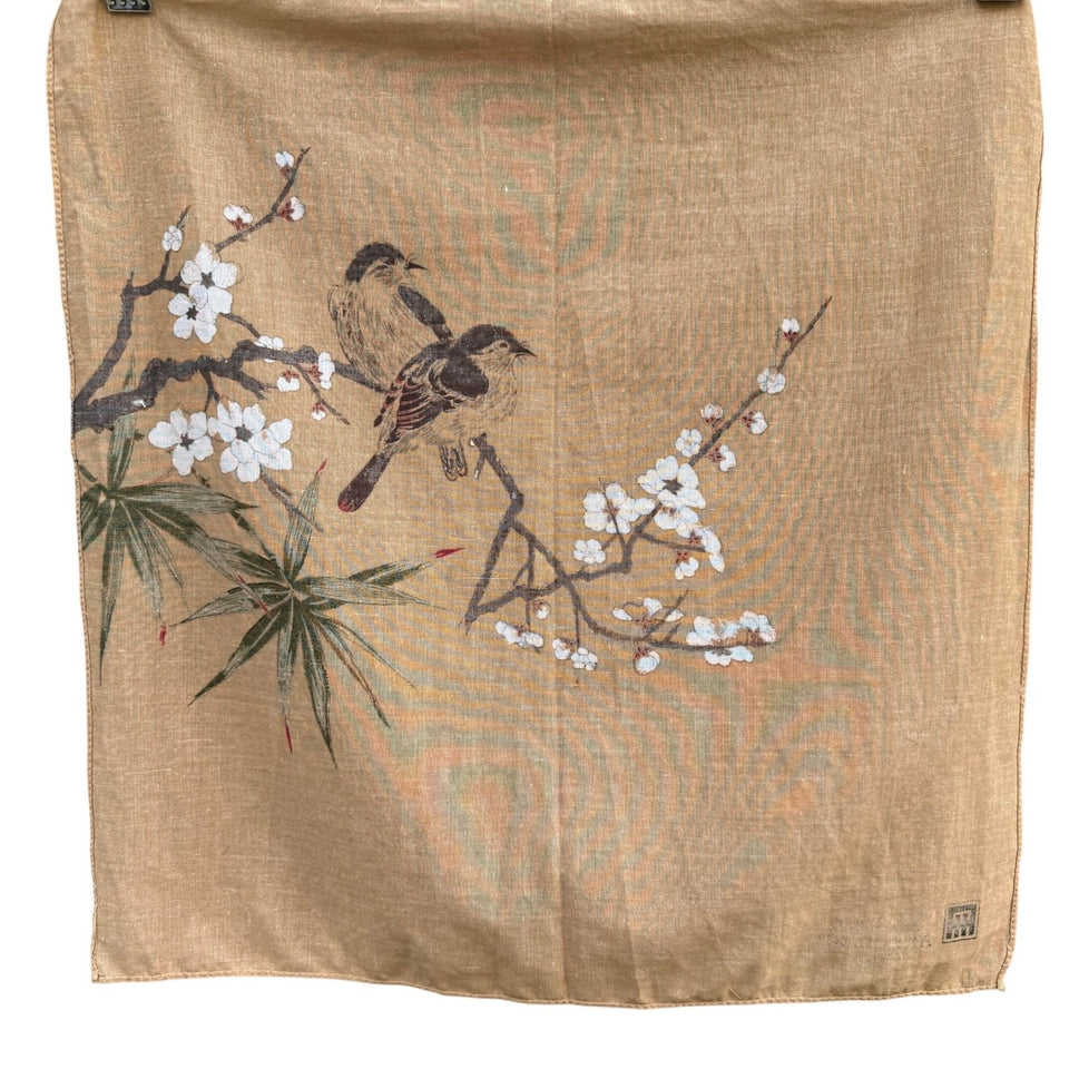 Ambassador Hotel Taiwan Vintage Bird Cherry Blossom Tan Handkerchief Scarf