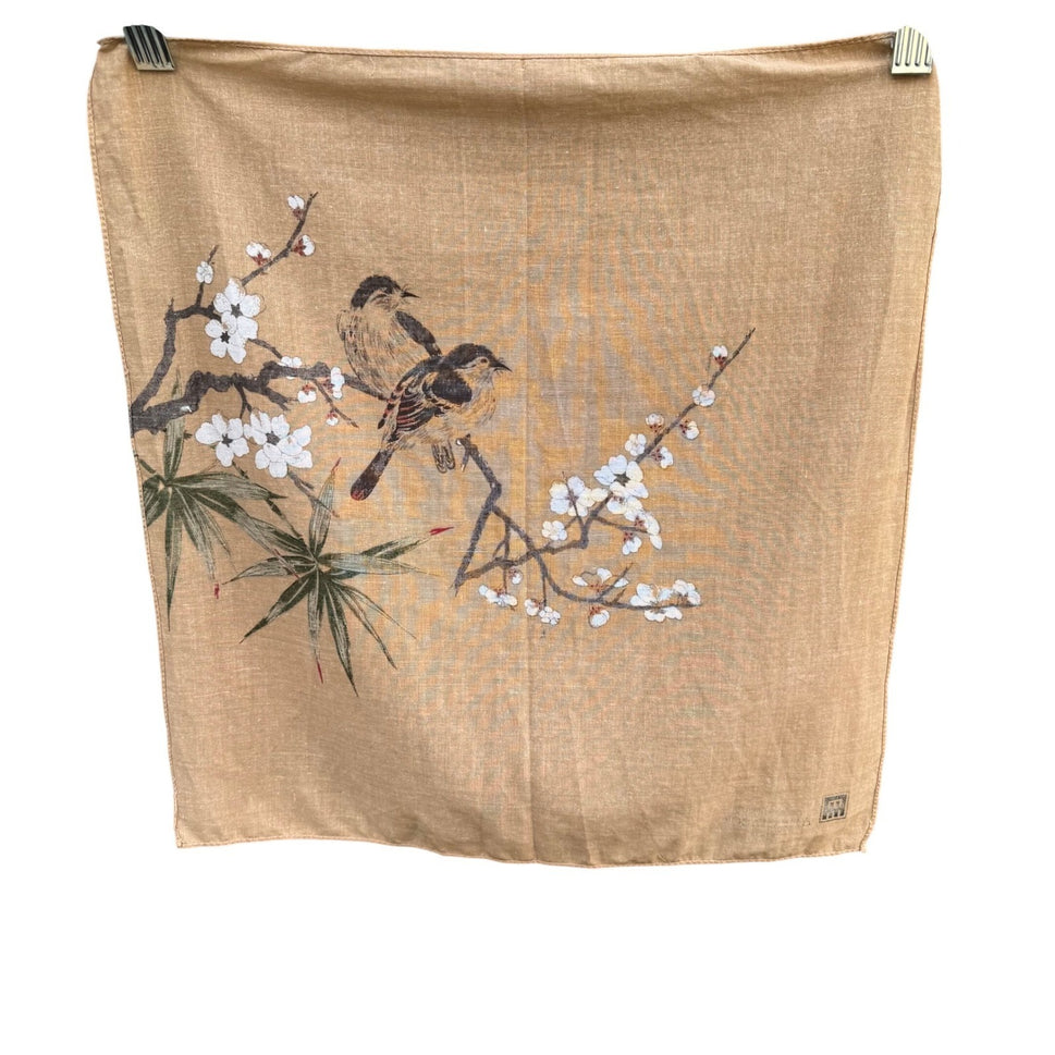 Ambassador Hotel Taiwan Vintage Bird Cherry Blossom Tan Handkerchief Scarf