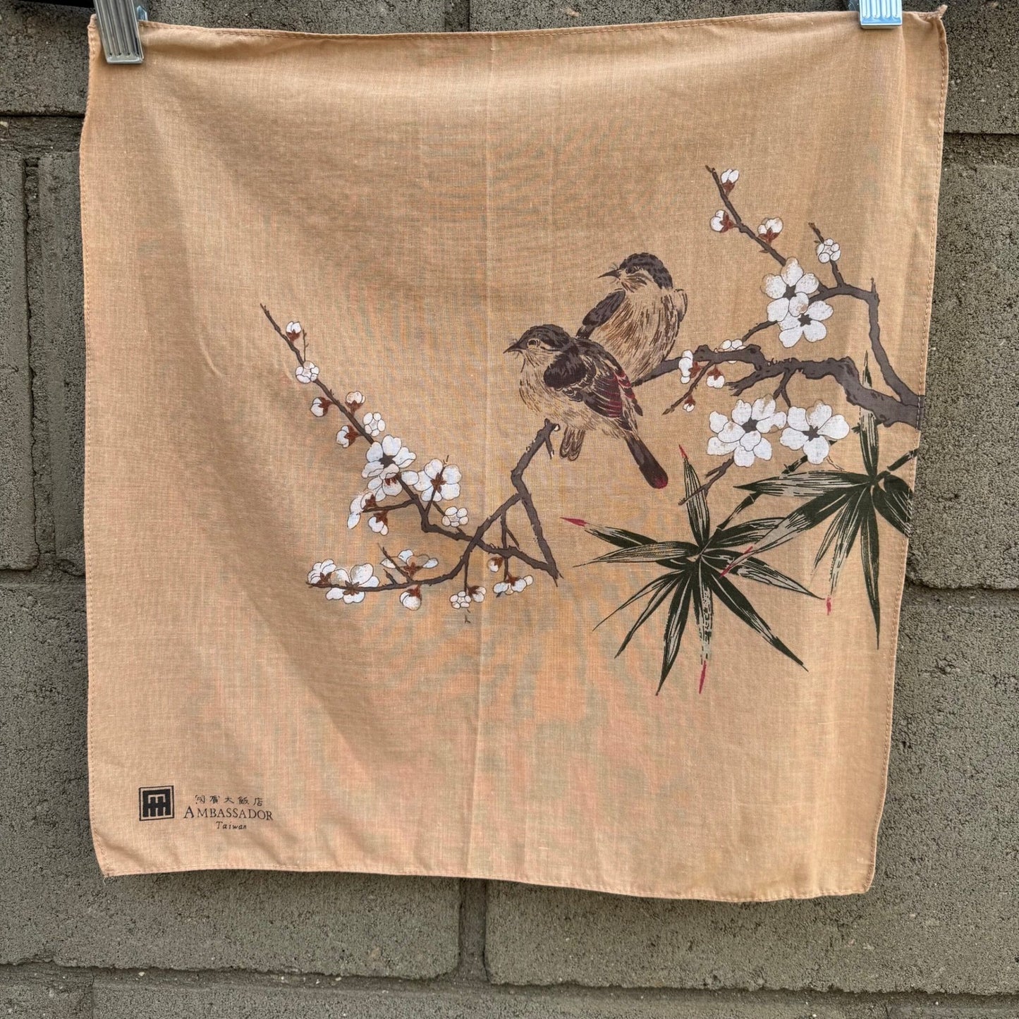 Ambassador Hotel Taiwan Vintage Bird Cherry Blossom Tan Handkerchief Scarf