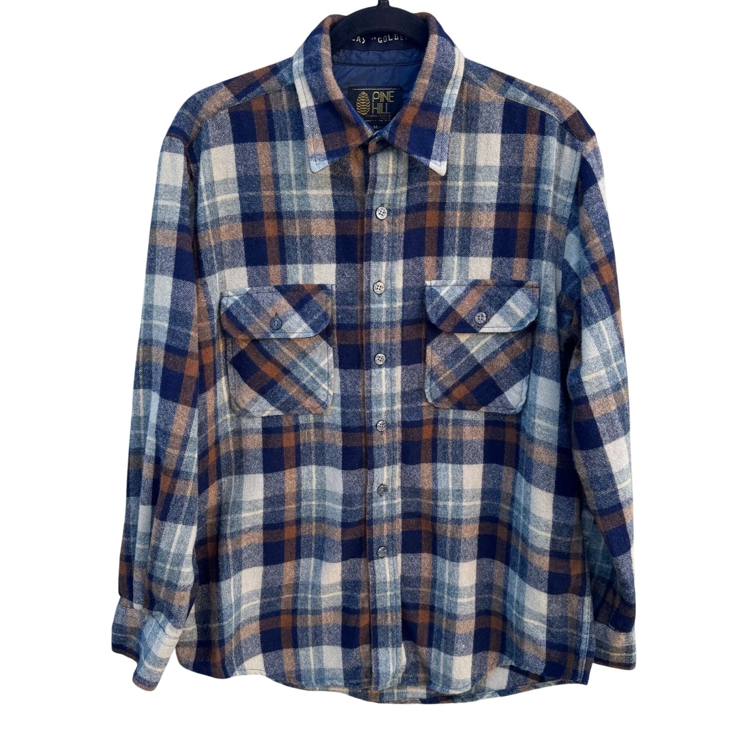 Pine Hill Vintage 70s Mens Plaid Flannel Shirt M Navy Wool Blend Workwear Grunge