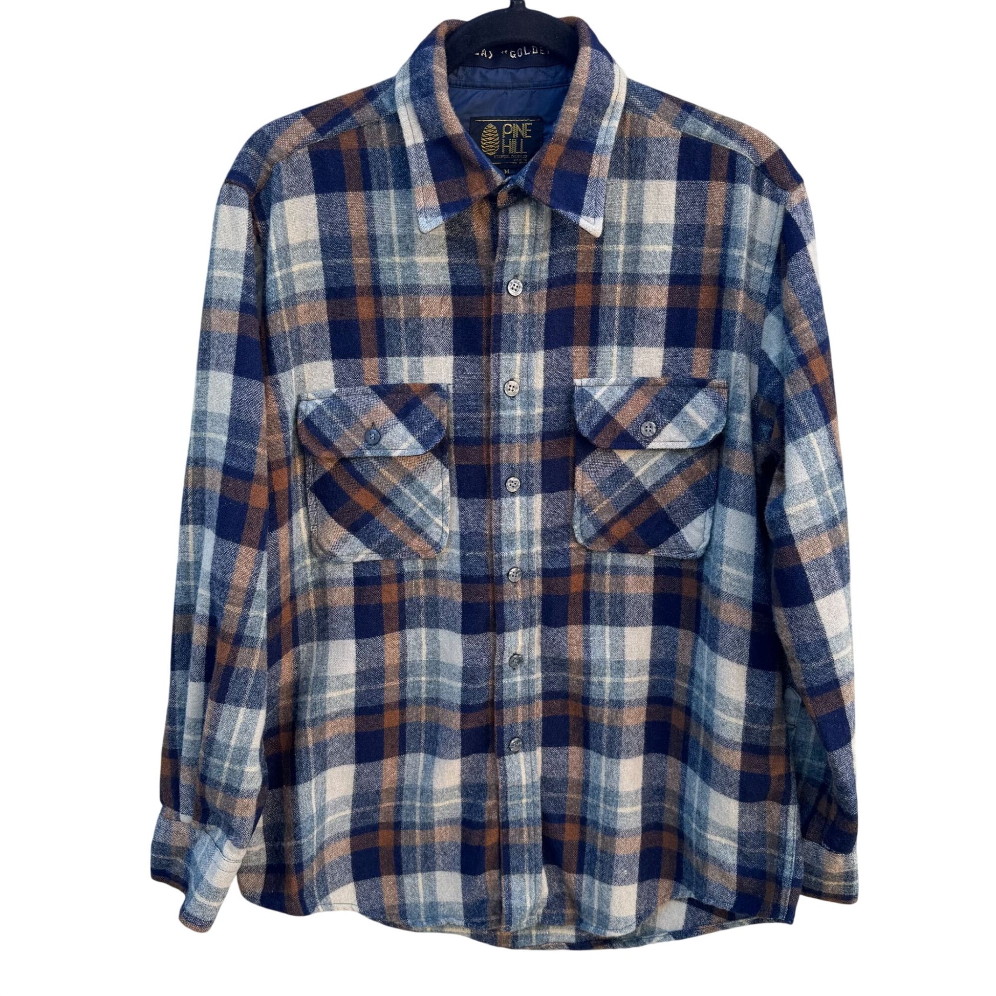 Pine Hill Vintage 70s Mens Plaid Flannel Shirt M Navy Wool Blend Workwear Grunge