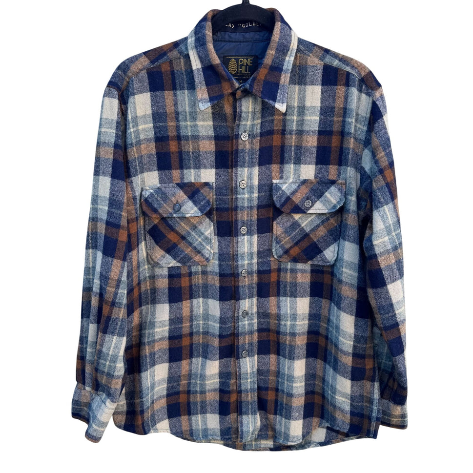 Pine Hill Vintage 70s Mens Plaid Flannel Shirt M Navy Wool Blend Workwear Grunge