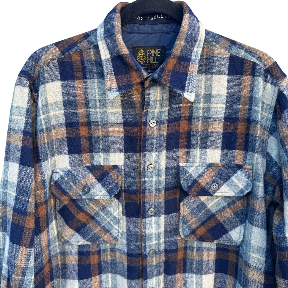 Pine Hill Vintage 70s Mens Plaid Flannel Shirt M Navy Wool Blend Workwear Grunge