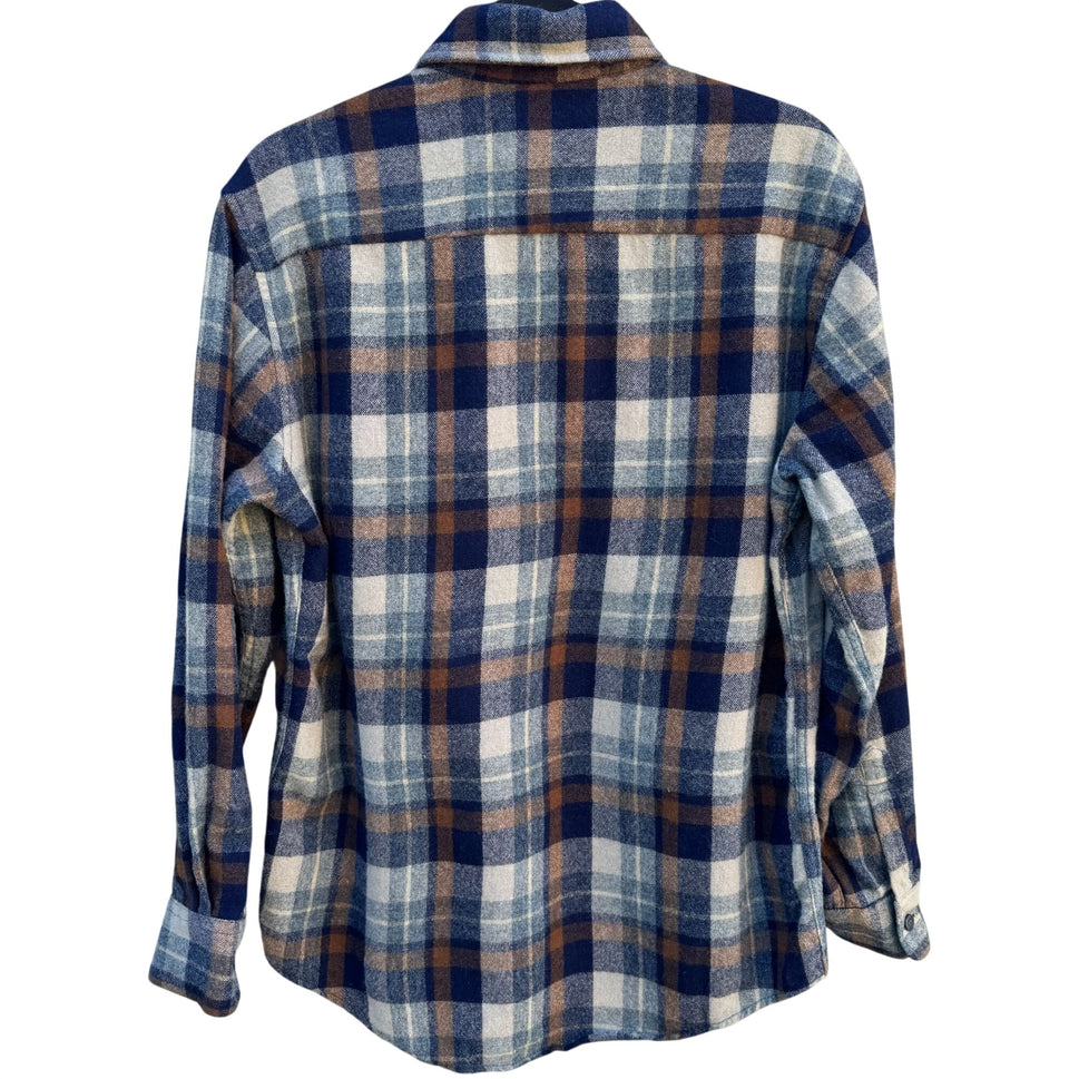 Pine Hill Vintage 70s Mens Plaid Flannel Shirt M Navy Wool Blend Workwear Grunge