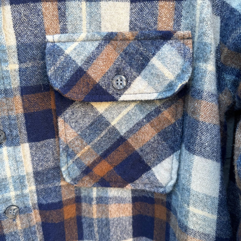 Pine Hill Vintage 70s Mens Plaid Flannel Shirt M Navy Wool Blend Workwear Grunge