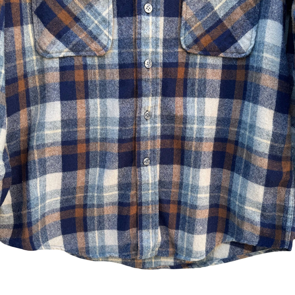 Pine Hill Vintage 70s Mens Plaid Flannel Shirt M Navy Wool Blend Workwear Grunge