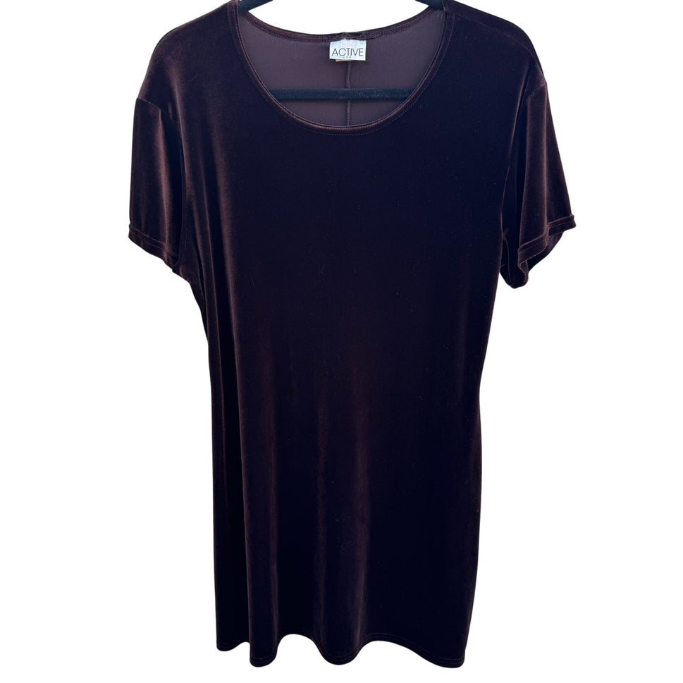 Active USA Vintage Velvet A Line Womens Brown Short Sleeve Tunic Shift Dress XL