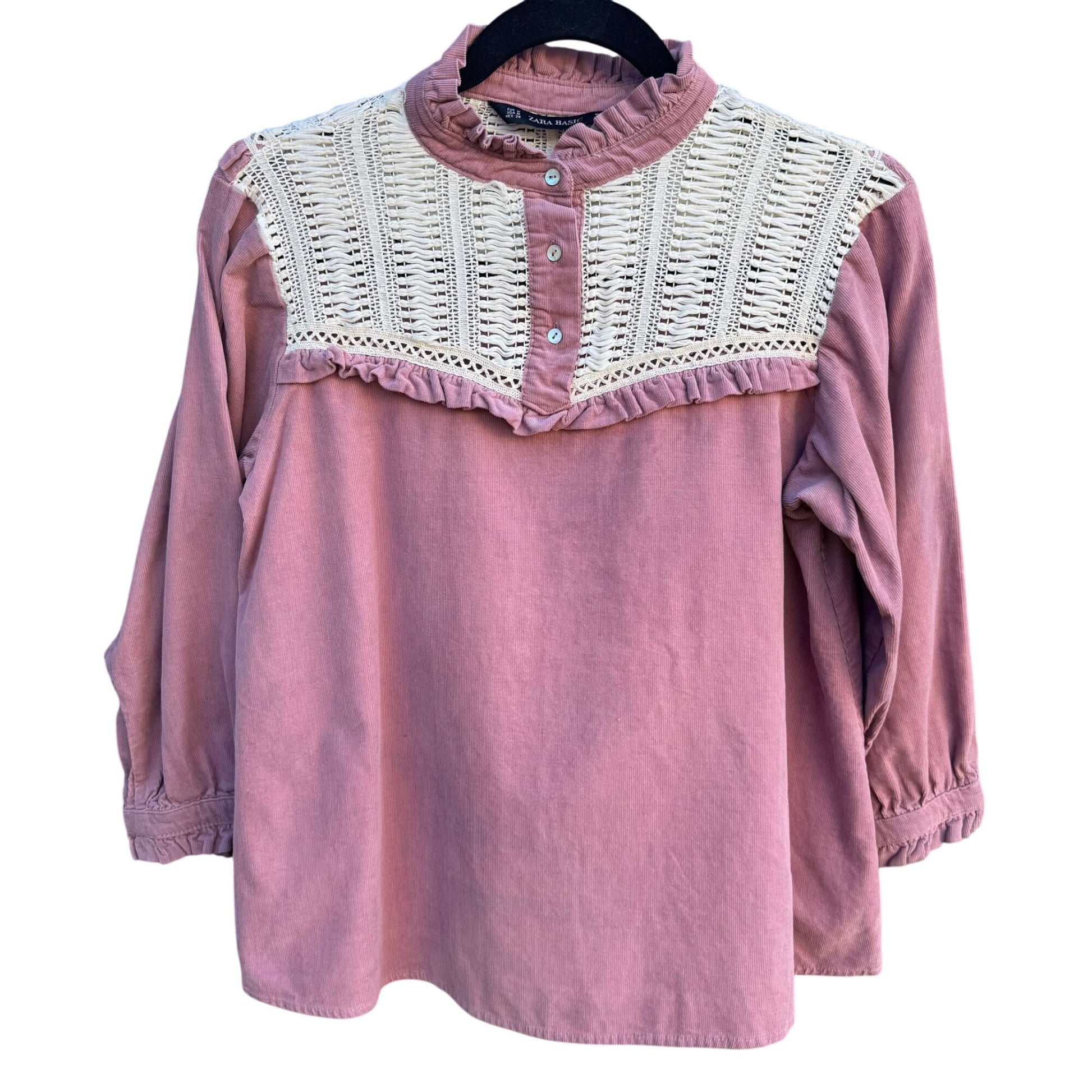 Zara Basic Vintage Style Pink Corduroy Top Crochet Yoke Boho Prairie Cottagecore
