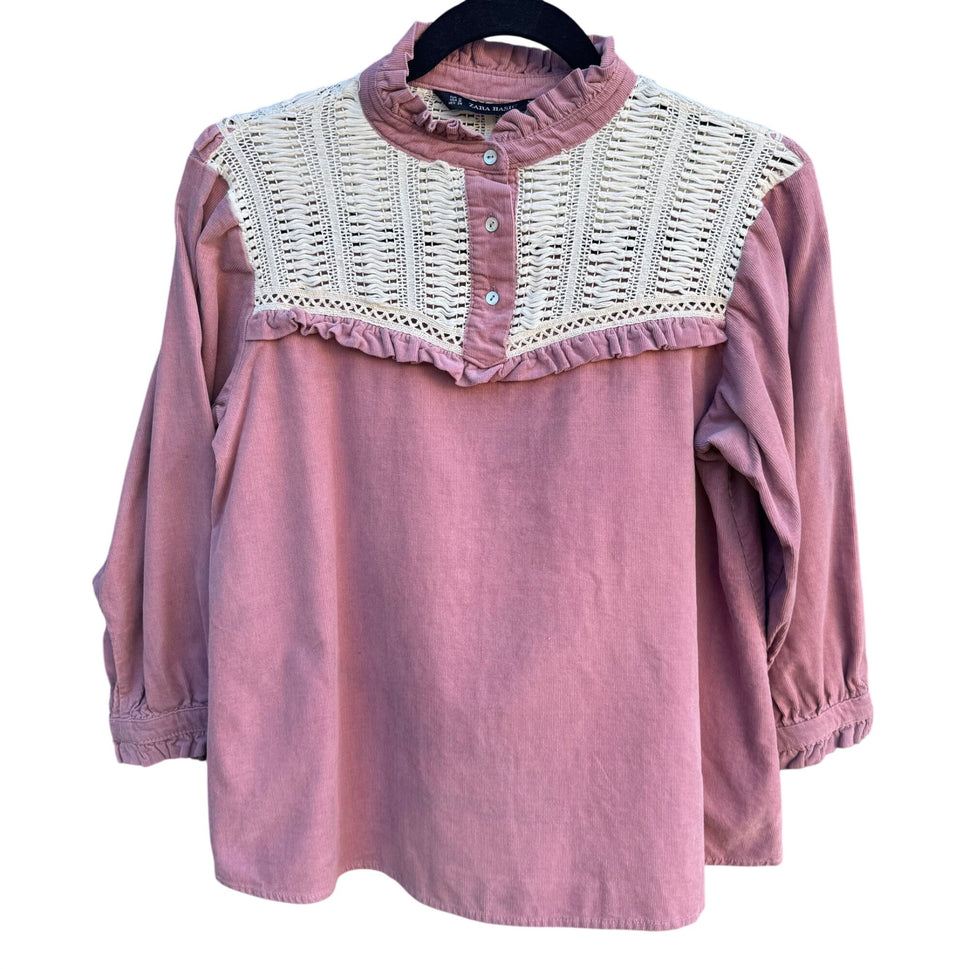 Zara Basic Vintage Style Pink Corduroy Top Crochet Yoke Boho Prairie Cottagecore