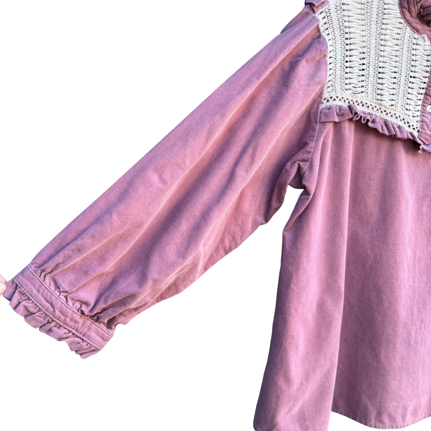 Zara Basic Vintage Style Pink Corduroy Top Crochet Yoke Boho Prairie Cottagecore