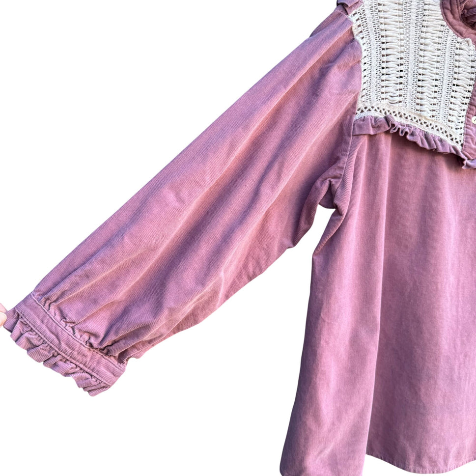 Zara Basic Vintage Style Pink Corduroy Top Crochet Yoke Boho Prairie Cottagecore