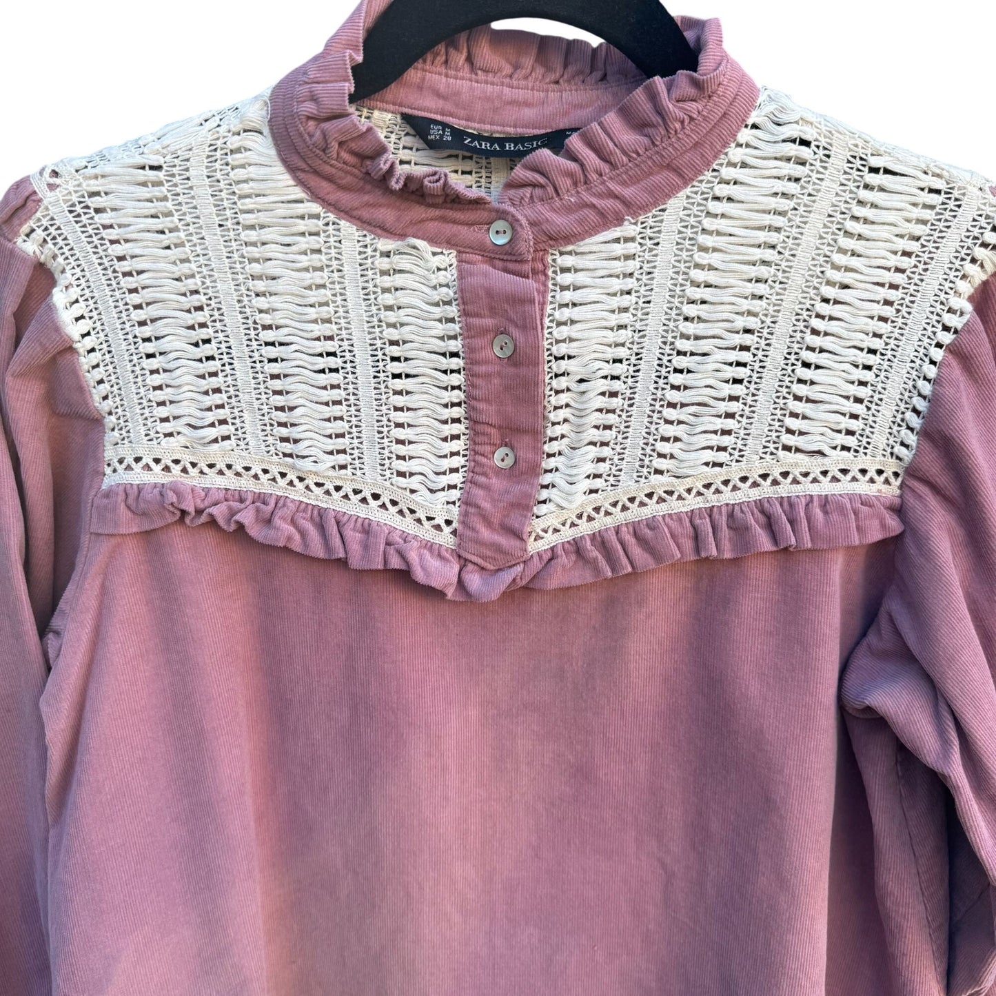 Zara Basic Vintage Style Pink Corduroy Top Crochet Yoke Boho Prairie Cottagecore