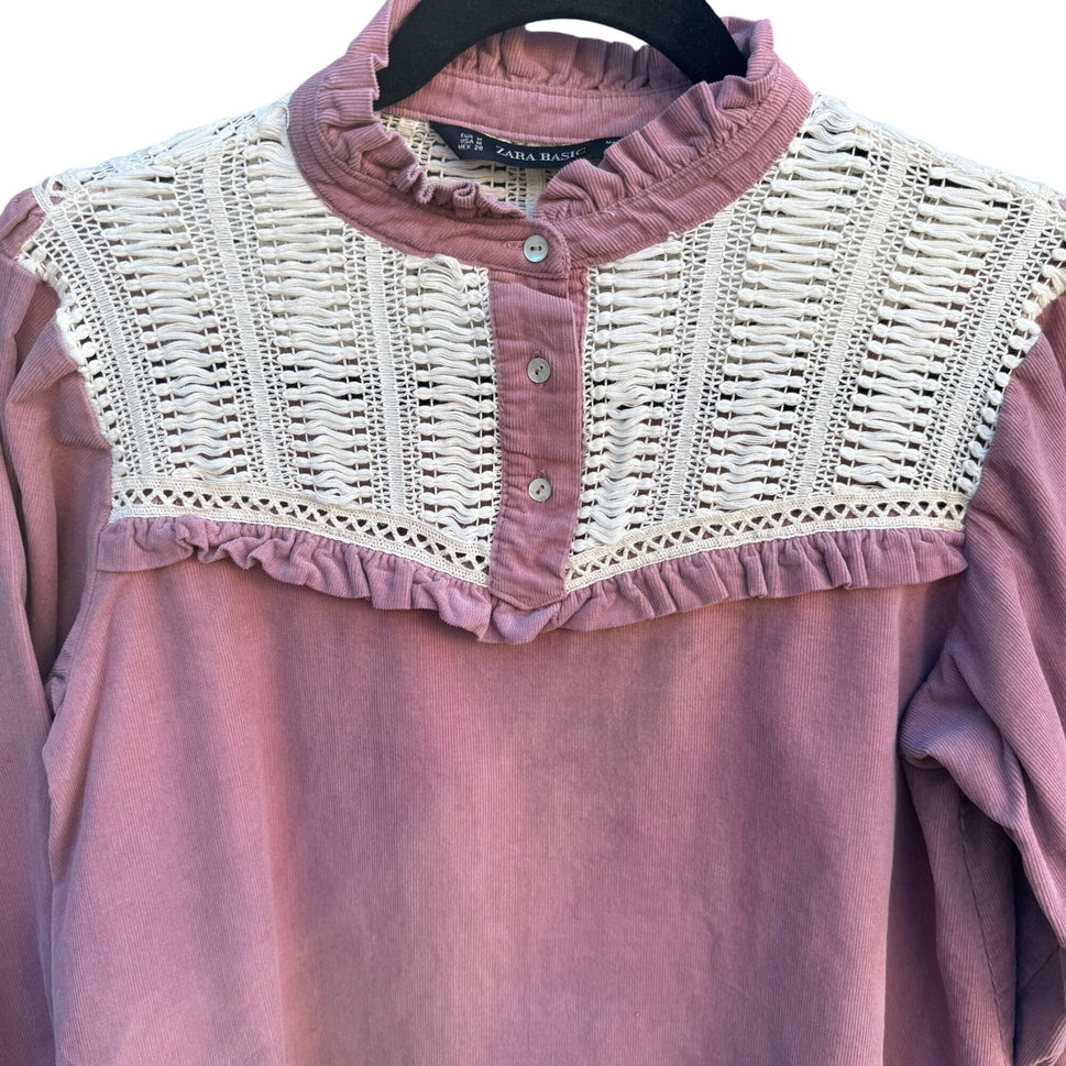 Zara Basic Vintage Style Pink Corduroy Top Crochet Yoke Boho Prairie Cottagecore