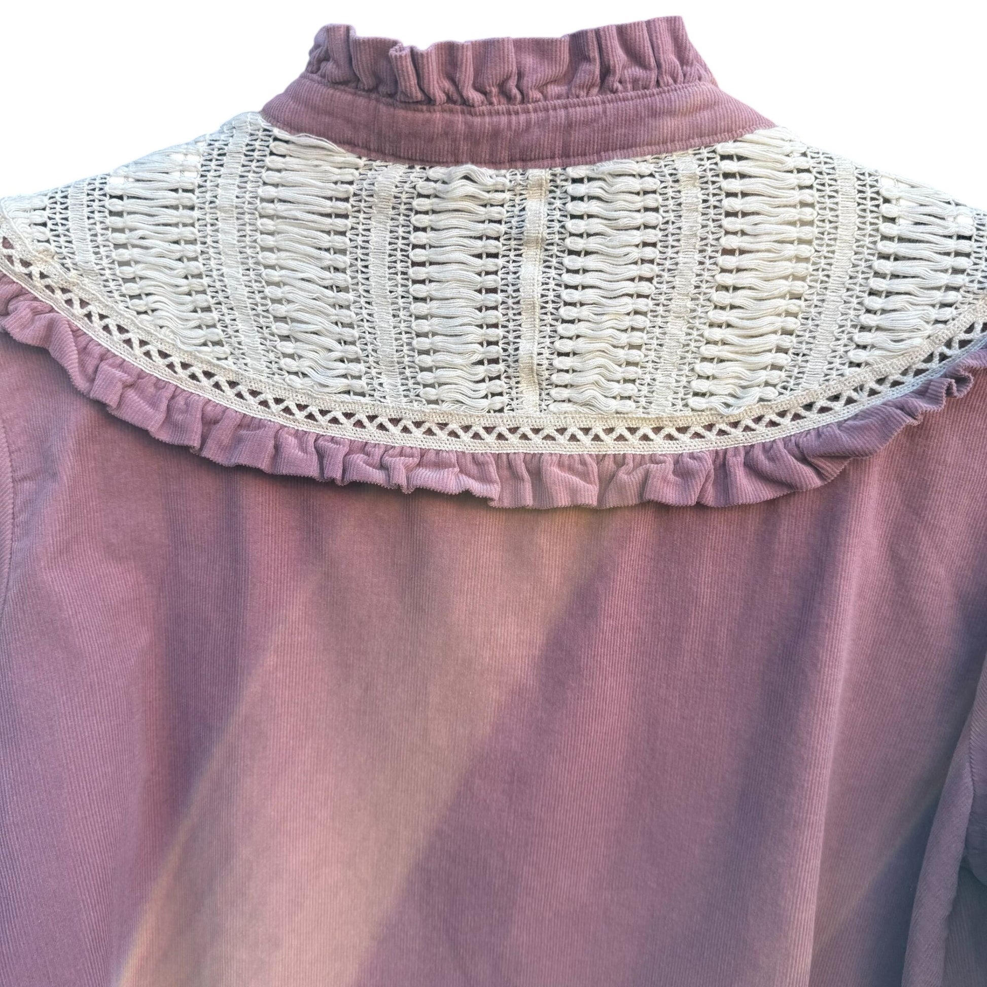 Zara Basic Vintage Style Pink Corduroy Top Crochet Yoke Boho Prairie Cottagecore