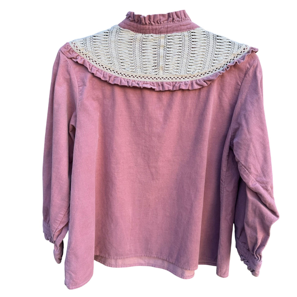 Zara Basic Vintage Style Pink Corduroy Top Crochet Yoke Boho Prairie Cottagecore