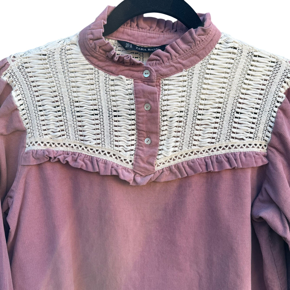 Zara Basic Vintage Style Pink Corduroy Top Crochet Yoke Boho Prairie Cottagecore