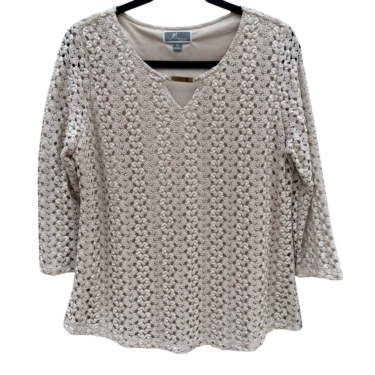 JM Collection Large Taupe Crochet V-Neck Top Gold Bar Accent NEW Boho Earthy