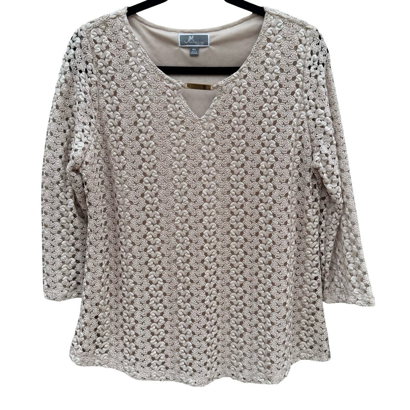 JM Collection Large Taupe Crochet V-Neck Top Gold Bar Accent NEW Boho Earthy