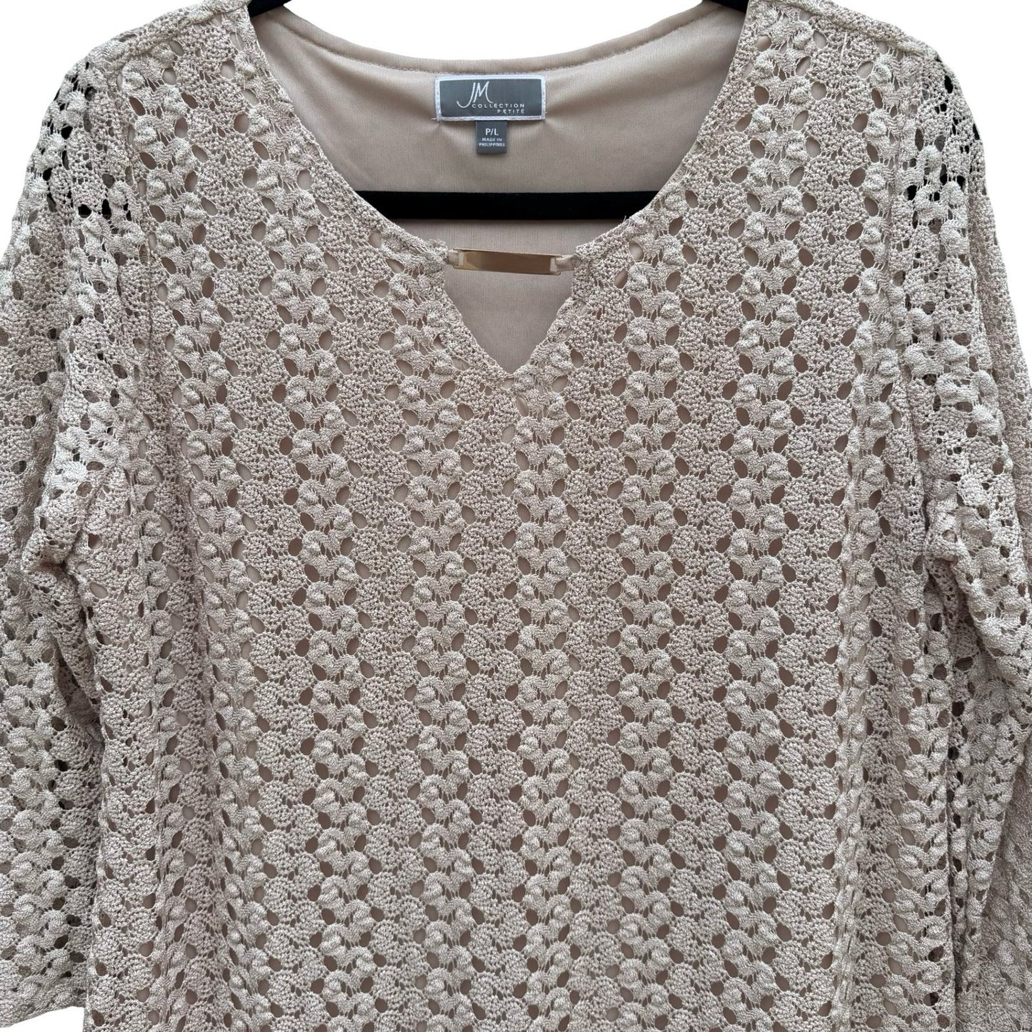 JM Collection Large Taupe Crochet V-Neck Top Gold Bar Accent NEW Boho Earthy