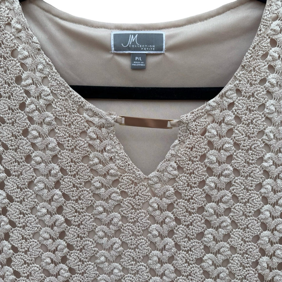JM Collection Large Taupe Crochet V-Neck Top Gold Bar Accent NEW Boho Earthy