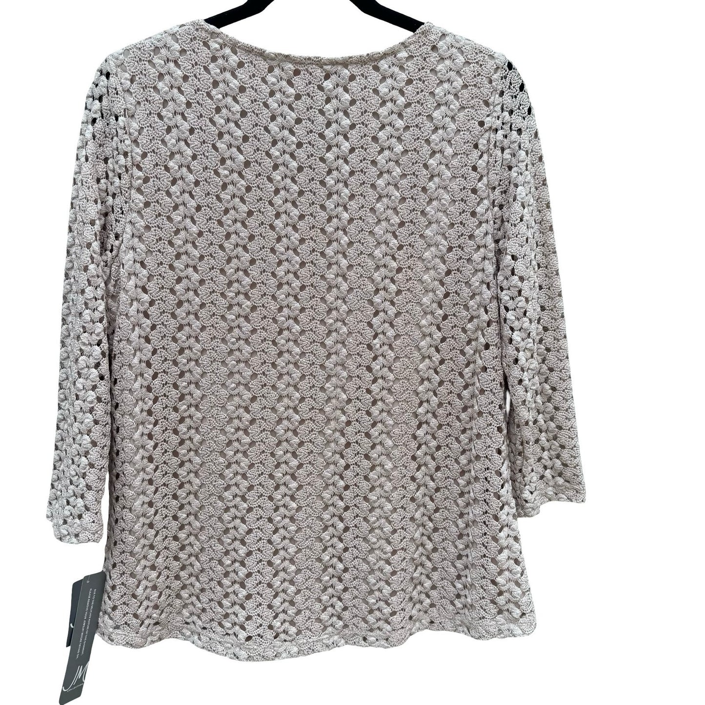 JM Collection Large Taupe Crochet V-Neck Top Gold Bar Accent NEW Boho Earthy