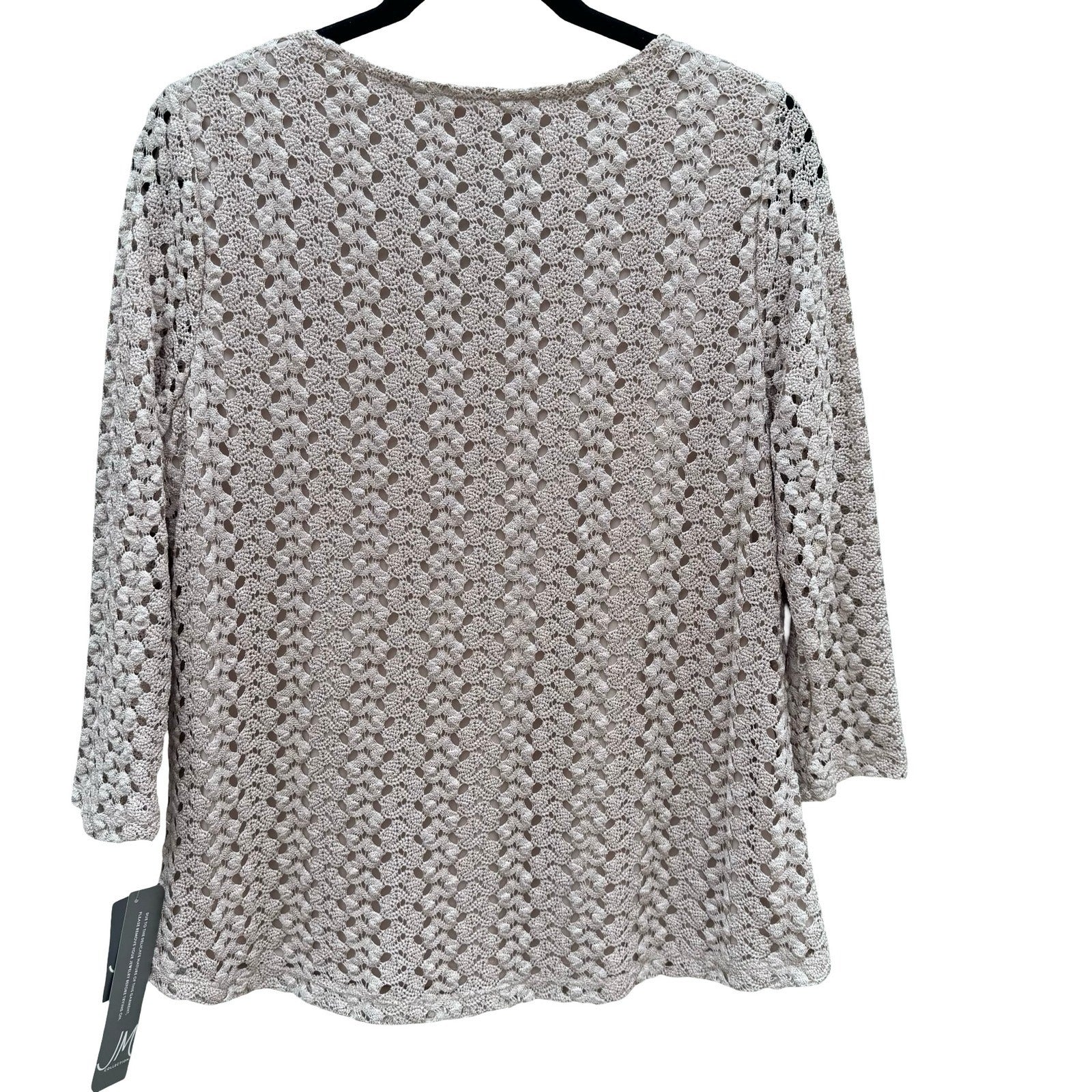 JM Collection Large Taupe Crochet V-Neck Top Gold Bar Accent NEW Boho Earthy