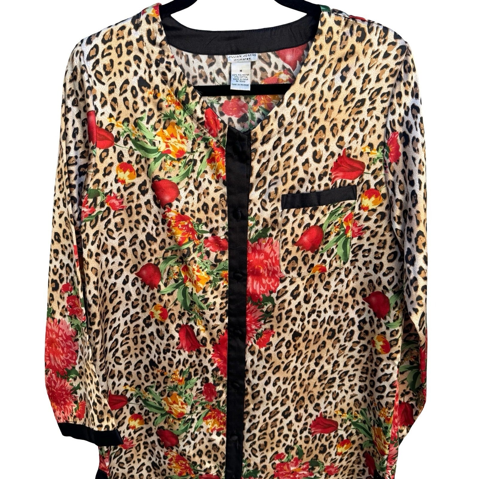 Jillian Jones Intimates Leopard Floral Button Down Sleep Shirt Medium Nightgown