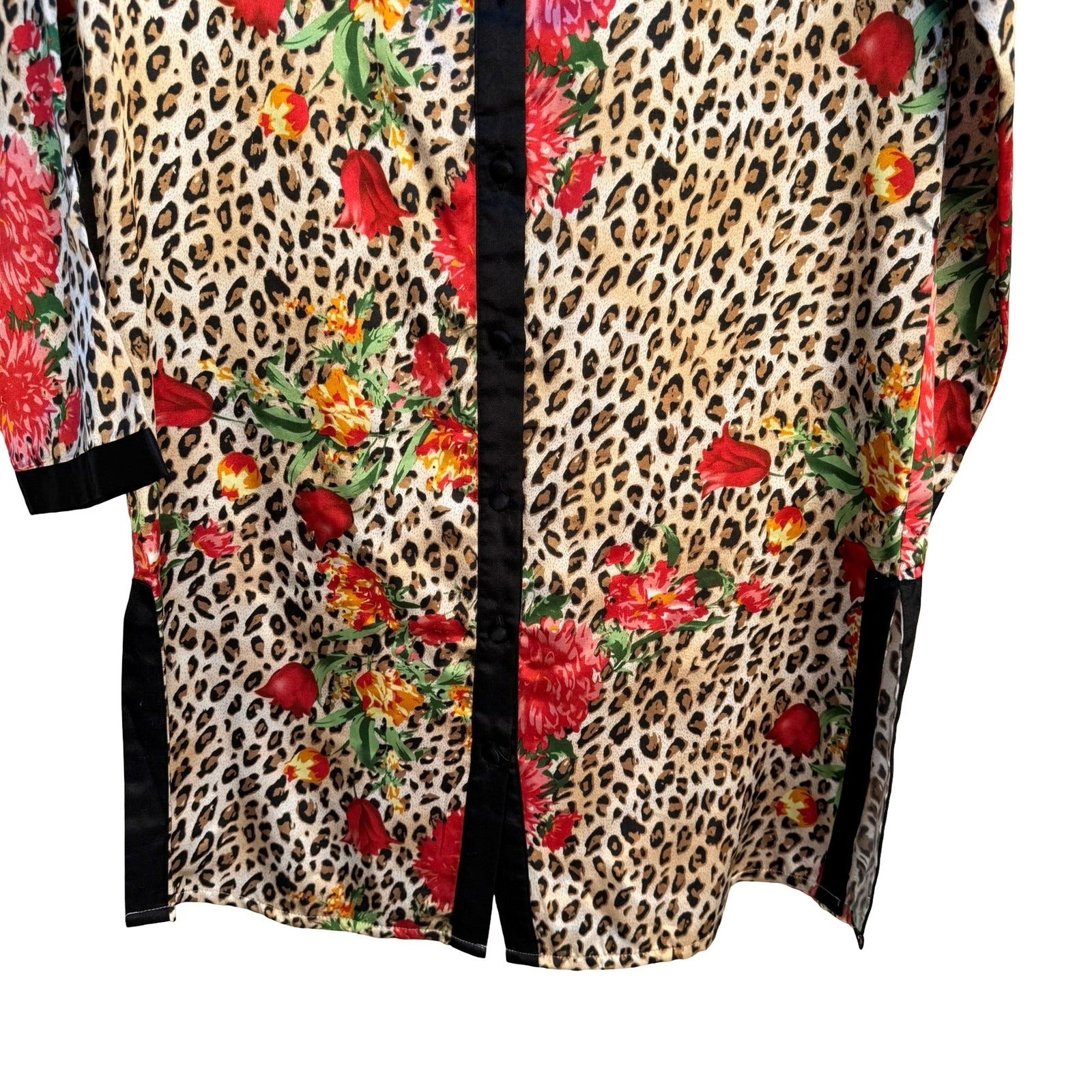 Jillian Jones Intimates Leopard Floral Button Down Sleep Shirt Medium Nightgown