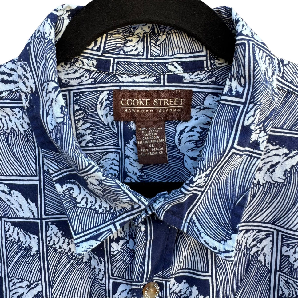 Cooke Street Hawaiian Islands Vintage Blue Wave Short Sleeve Beachwear Shirt XL