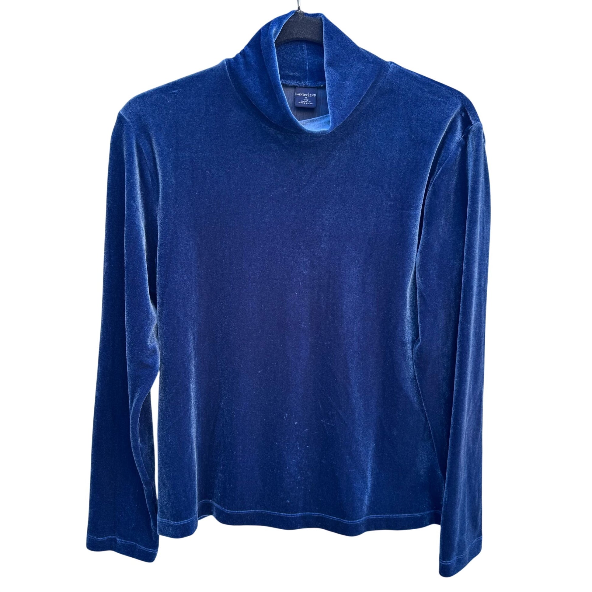 Lands End Vintage Womens Blue Velour Long Sleeve Turtleneck Mock Neck Shirt M