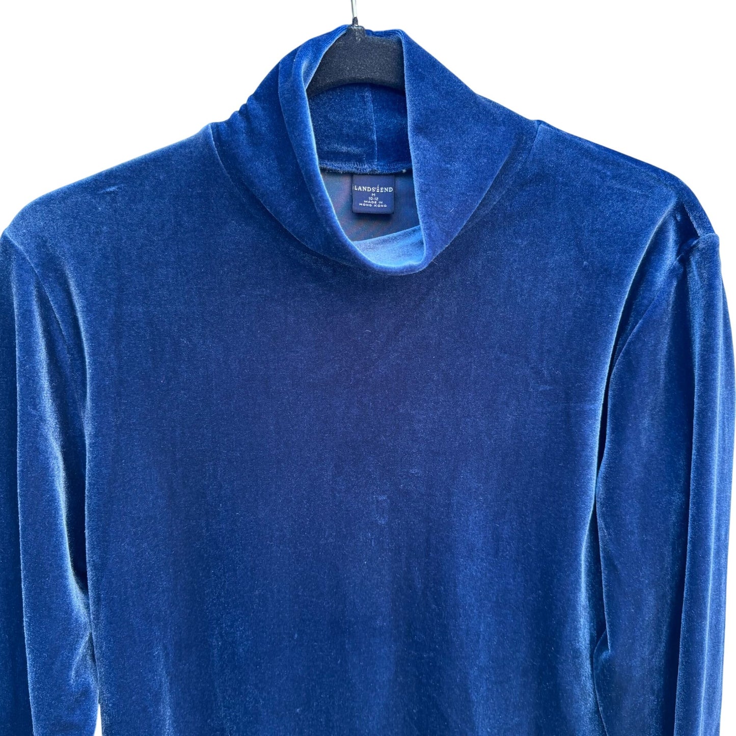 Lands End Vintage Womens Blue Velour Long Sleeve Turtleneck Mock Neck Shirt M