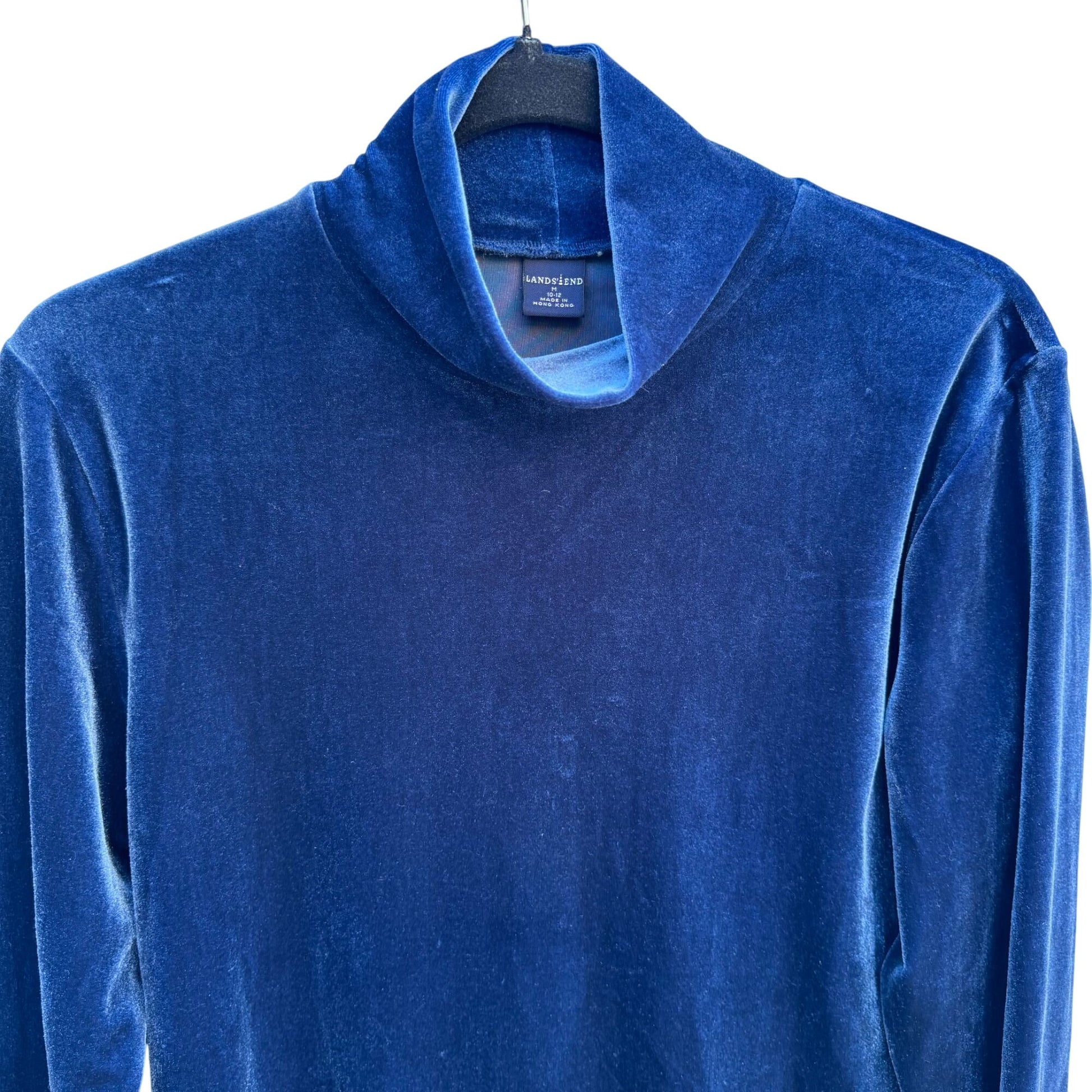 Lands End Vintage Womens Blue Velour Long Sleeve Turtleneck Mock Neck Shirt M