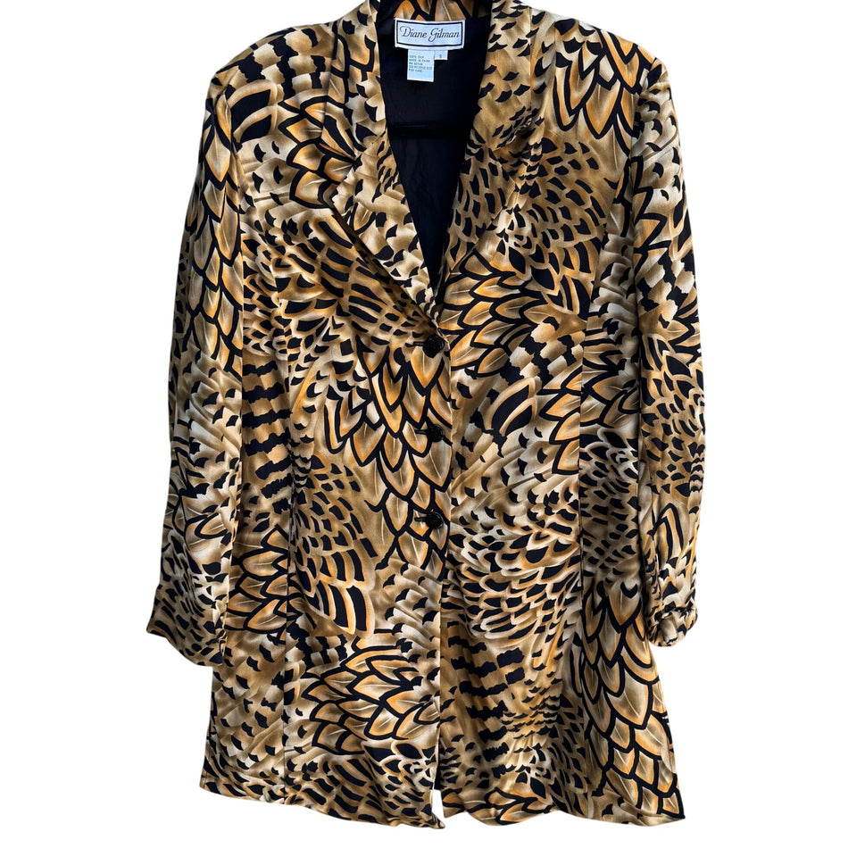 Diane Gilman Vintage Silk Abstract Feather Print Artsy Designer Blazer Jacket S