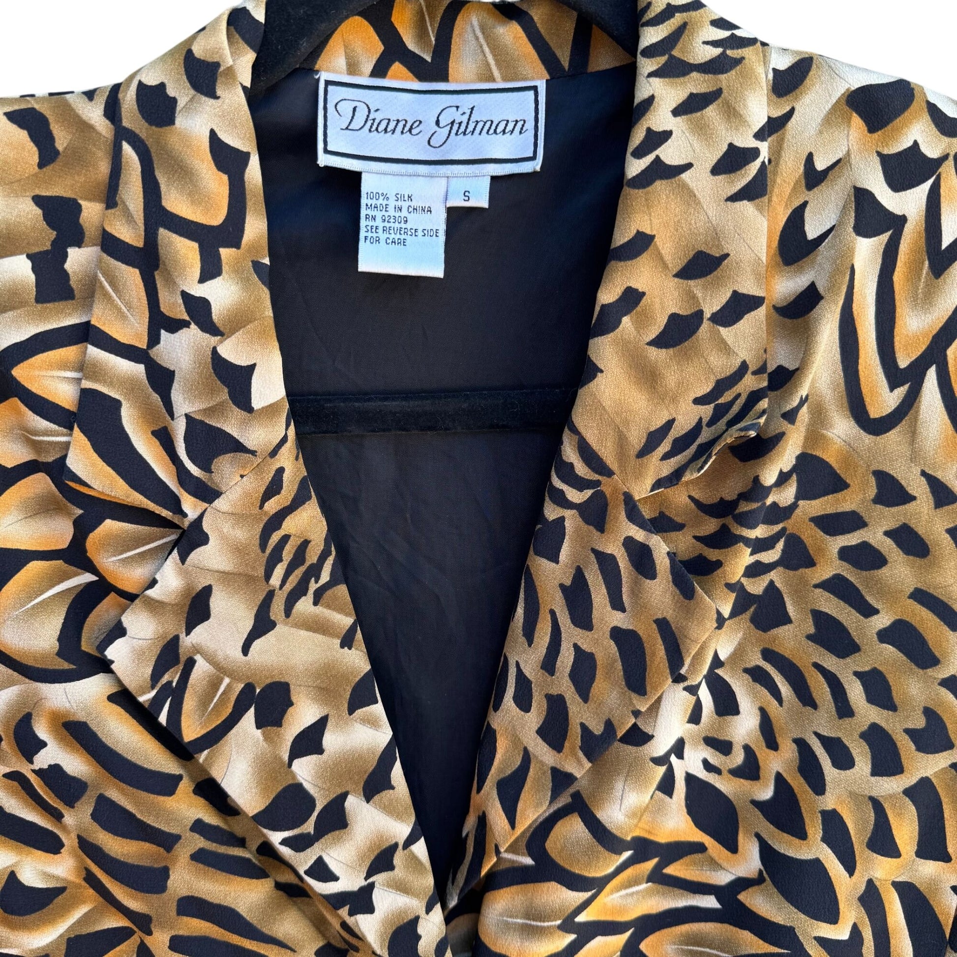 Diane Gilman Vintage Silk Abstract Feather Print Artsy Designer Blazer Jacket S