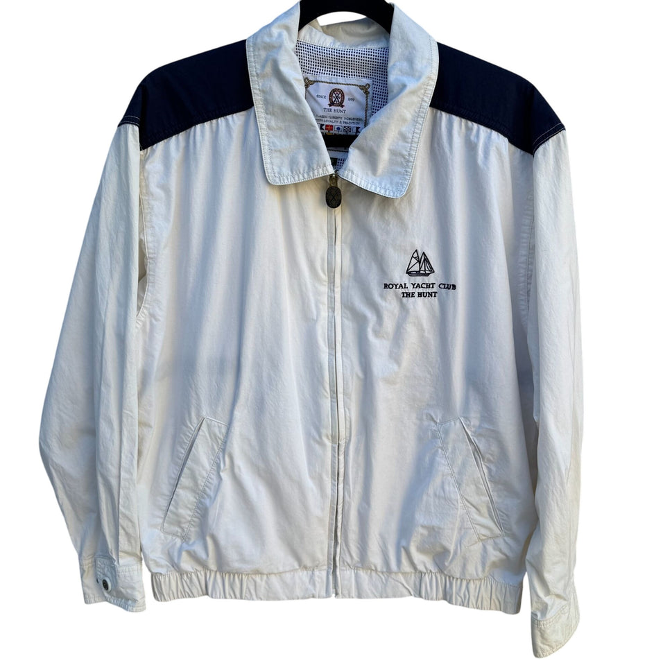 Royal Yacht Club The Hunt Vintage Mens Preppy White Navy Windbreaker Jacket L